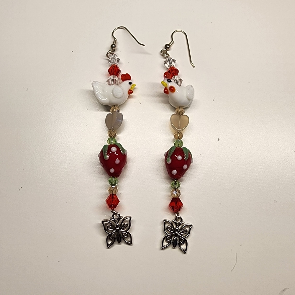 Handmade Chicken Earrings with Strawberry And Butterflies